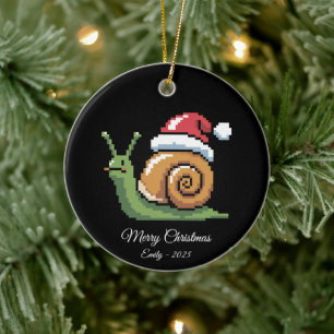 Pixel Art Snail Santa Hat Black Ceramic Ornament