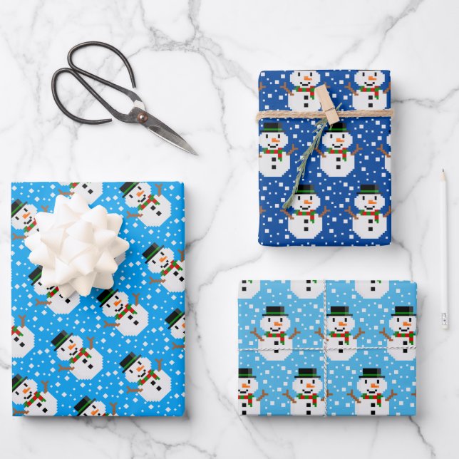 Pixel Art SNOWMAN Wrapping Paper Sheet (Front)