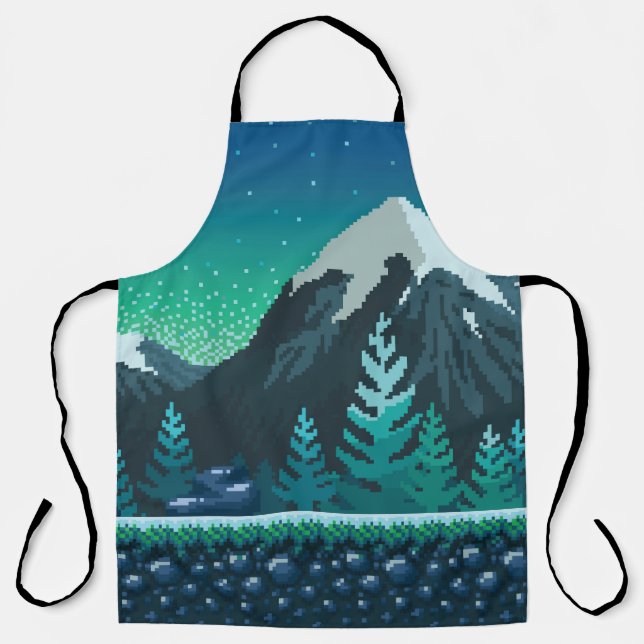 Pixel Art: Snowy Mountains Night. Apron (Front)