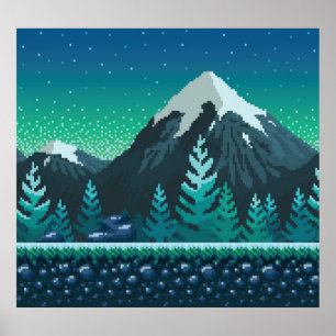 Pixel Art: Snowy Mountains Night. Poster