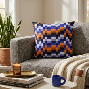 Pixel Art Throw Pillow – Blues, Orange & Earth
