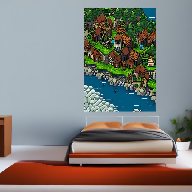 Pixel art, Viking town forest river | AI Art  Poster (Creator Uploaded)