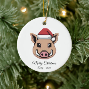 Pixel Art Wild Boar Warthog Santa Hat Gift Ceramic Ornament