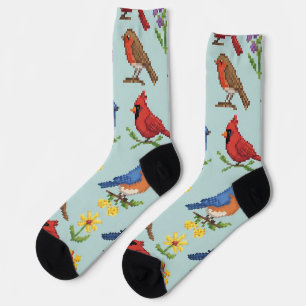 Pixel Birds and Flowers Socks