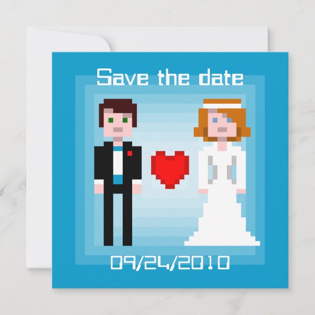 Pixel Bride and Groom - Save the Date - Blue (Front)
