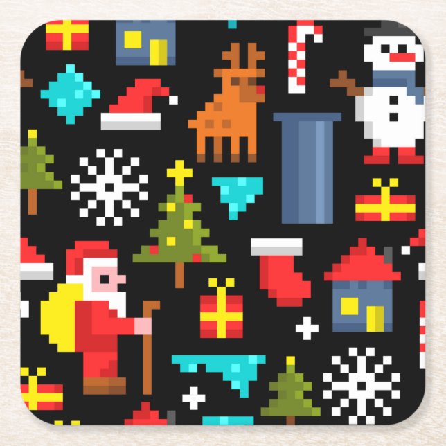 Pixel Christmas Square Paper Coaster (Front)