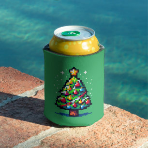 Pixel Christmas Tree - Retro Festive Holiday Can Cooler