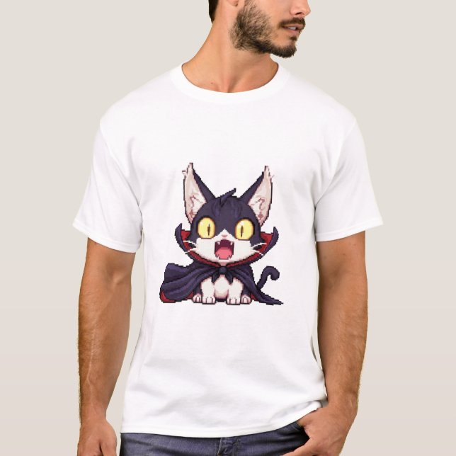 Pixel Dracula Cat – Shock Cute Vampire 8-Bit Cat T-Shirt (Front)