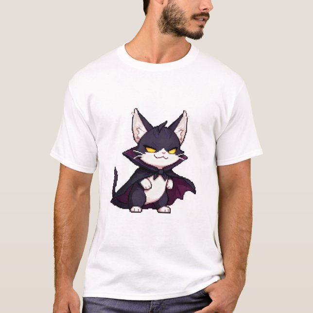 Pixel Dracula Cat – Smug Cute Vampire 8-Bit Cat T-Shirt (Front)