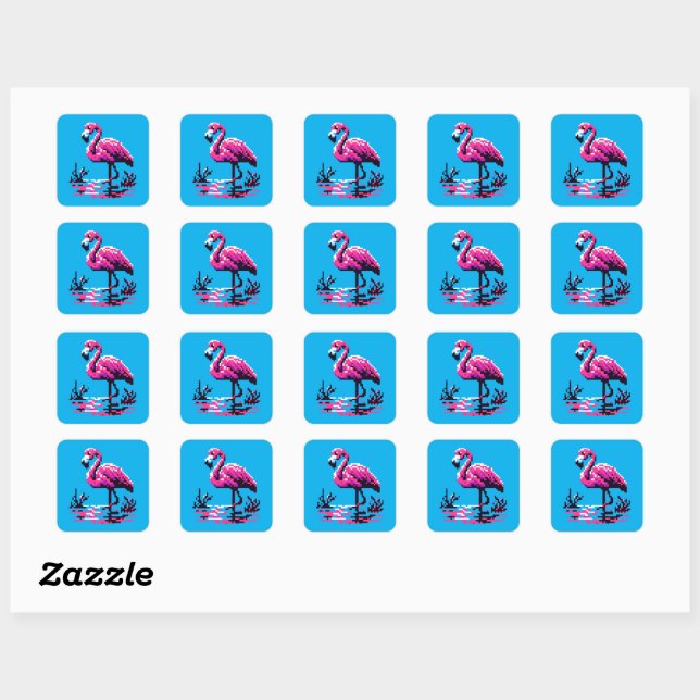Pixel Flamingo - Vibrant Retro Art Tropical Bird Square Sticker (Sheet)