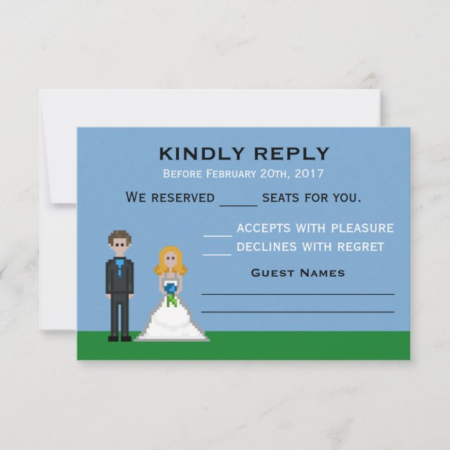 Pixel Gamer Blonde Bride & Groom Wedding RSVP Card (Front)