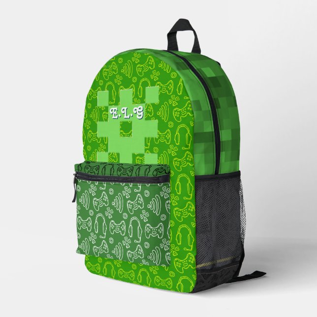 Pixel Gamer Personalised Green Controller Print Printed Backpack (Back Corner Right)