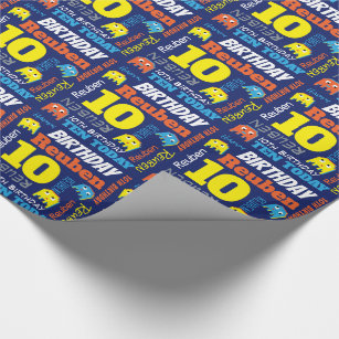 Pixel gaming alien 10th birthday bright custom wrapping paper