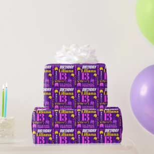 Pixel gaming alien 13th birthday custom purple wrapping paper
