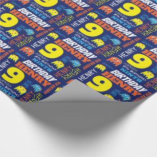 Pixel gaming alien 9th birthday bright custom wrapping paper