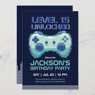 Pixel Gaming Gamer Boy Video Games Player Birthday Invitation