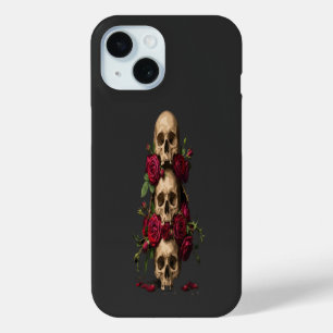 Pixel Gothic Skulls Red Roses Dark Fantasy Illustr iPhone 15 Case