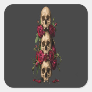Pixel Gothic Skulls Red Roses Dark Fantasy Illustr Square Sticker