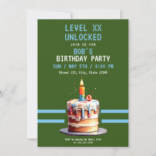 Pixel Green & Blue Cake Gaming Birthday Invitation