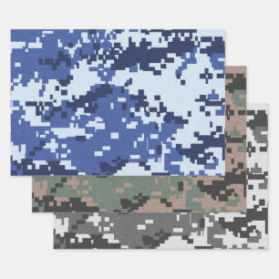 Pixel Green Grey Blue Camouflage Wrapping Paper Sheet