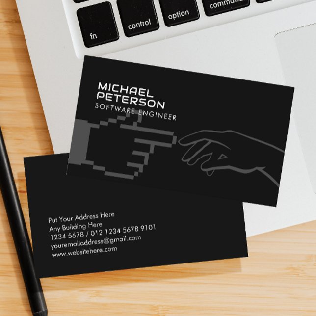 Pixel Hand in Contact With Human Hand | IT - Black Business Card (Creator Uploaded)