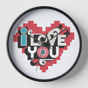 Pixel Heart I Love You Retro Typography Clock
