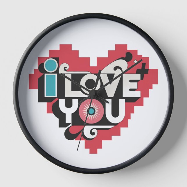Pixel Heart I Love You Retro Typography Clock (Front)