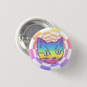 PIXEL KITTY CAT PSYCHEDELIC RAINBOW BUTTON