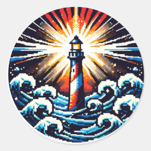 Pixel Lighthouse in Stormy Seas Classic Round Sticker