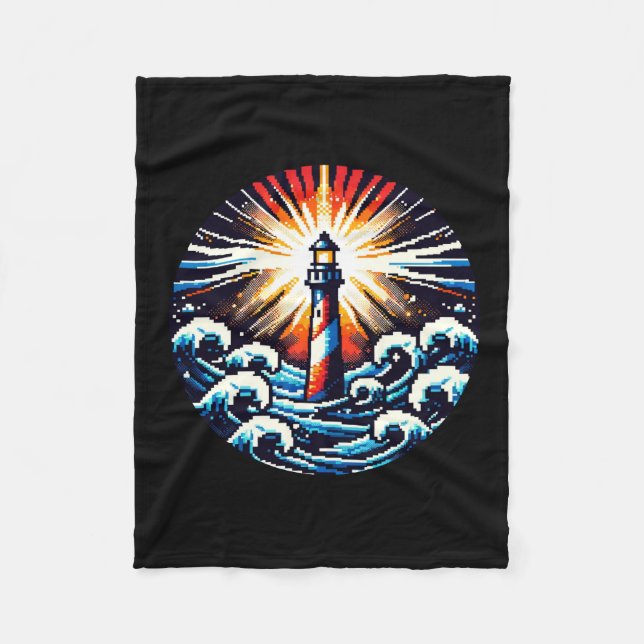 Pixel Lighthouse - Ocean Waves & Coastal Beacon Fleece Blanket (Front)