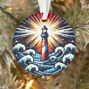 Pixel Lighthouse - Ocean Waves & Coastal Beacon Ornament