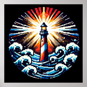 Pixel Lighthouse - Ocean Waves & Coastal Beacon Poster