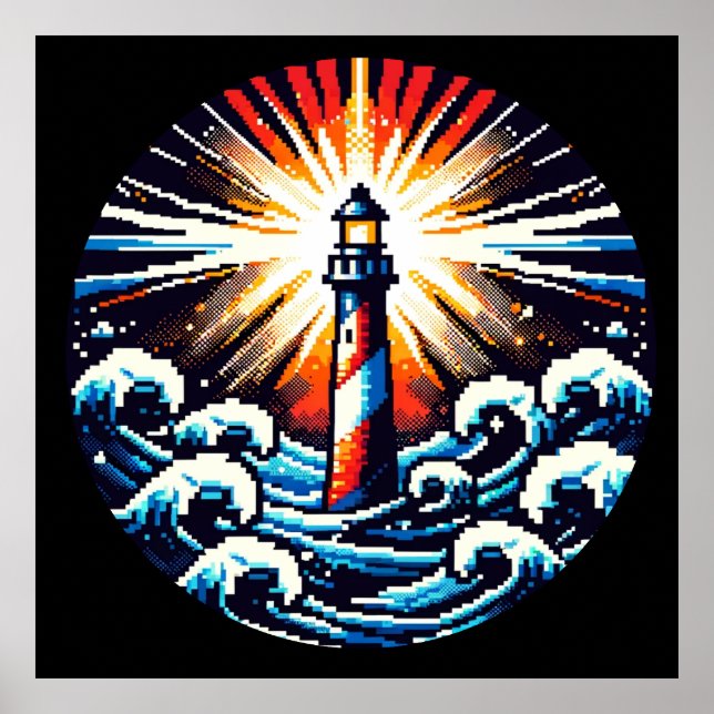 Pixel Lighthouse - Ocean Waves & Coastal Beacon Poster (Front)