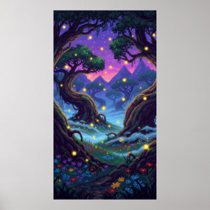 Pixel magic forest with flashing fireflies  poster