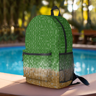 Pixel Miner Custom Name - Green Brown Printed Backpack