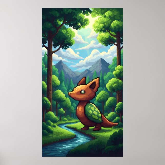 Pixel nature green forest mountains and clouds  poster (Front)