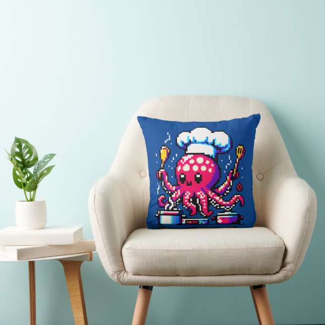 Pixel Octopus Chef Funny Cooking & Seafood Design Cushion (Chair)