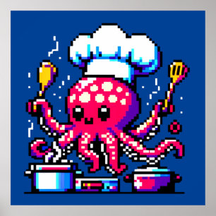 Pixel Octopus Chef Funny Cooking & Seafood Design Poster