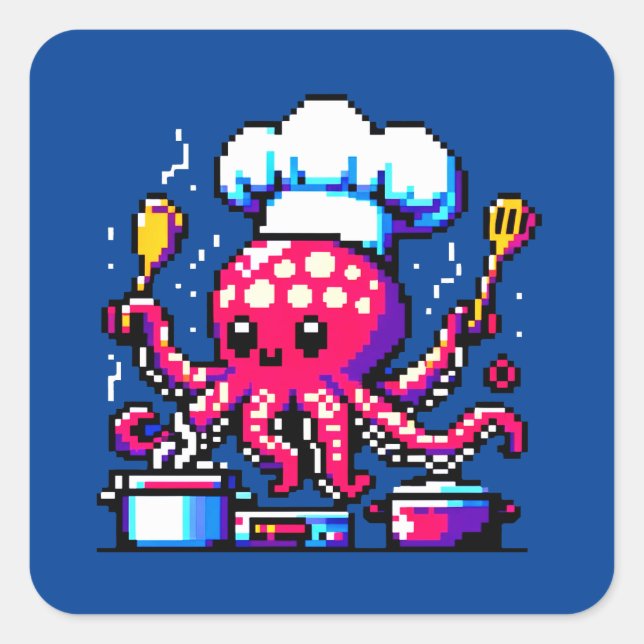Pixel Octopus Chef Funny Cooking & Seafood Design Square Sticker (Front)
