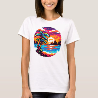 Pixel Paradise: 8-Bit Tropical Sunset Retro Nature T-Shirt