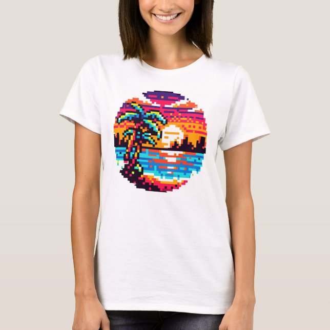 Pixel Paradise: 8-Bit Tropical Sunset Retro Nature T-Shirt (Front)