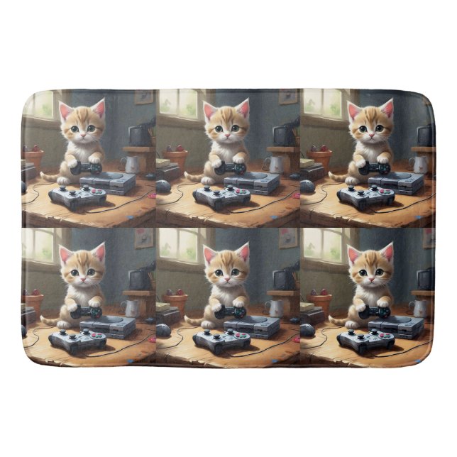 "Pixel Paws: The Gamer Kitten in Action" Bath Mat (Front)