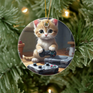 "Pixel Paws: The Gamer Kitten in Action" Ceramic Ornament