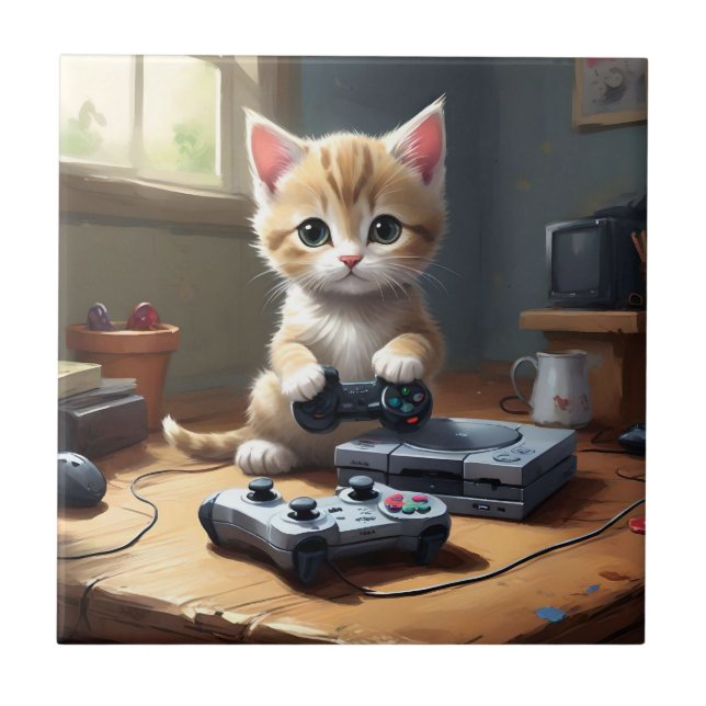 "Pixel Paws: The Gamer Kitten in Action" Ceramic Tile (Front)