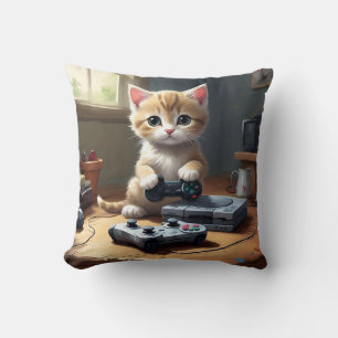 "Pixel Paws: The Gamer Kitten in Action" Cushion