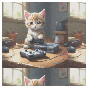"Pixel Paws: The Gamer Kitten in Action" Fabric