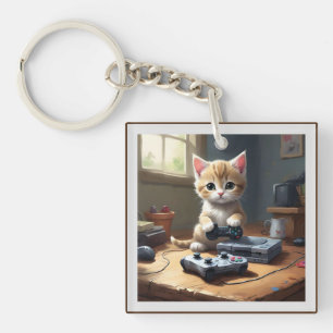 "Pixel Paws: The Gamer Kitten in Action" Key Ring