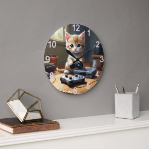 "Pixel Paws: The Gamer Kitten in Action" Large Clock