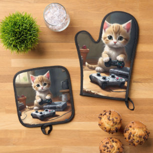 "Pixel Paws: The Gamer Kitten in Action" Oven Mitt & Pot Holder Set