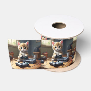 "Pixel Paws: The Gamer Kitten in Action" Satin Ribbon